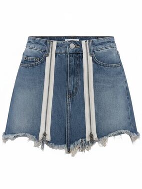 Carmar Denim Mini Skirt Size 4 Functional White Zippers Distressed Hem